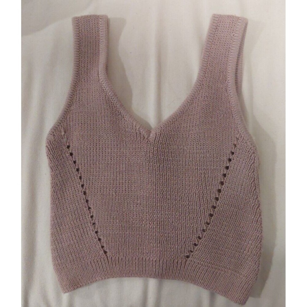 NWT Miou Muse Light Brown Knit Cropped Tank Top Deep V Neck Pullover Size S